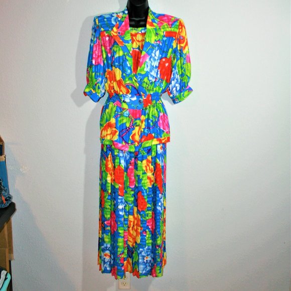 RARE! Vintage Kanga Collection by Dale Tryon 80s Floral Pleated 3 Piece Outfit - Picture 1 of 11